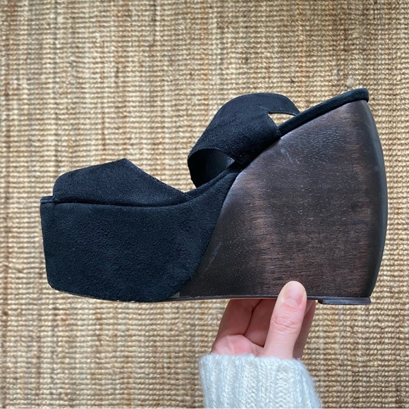 SOLD Loeffler Randall x Suno Black Suede Wedge Sandals Wooden Heel Leather - Picture 6 of 11